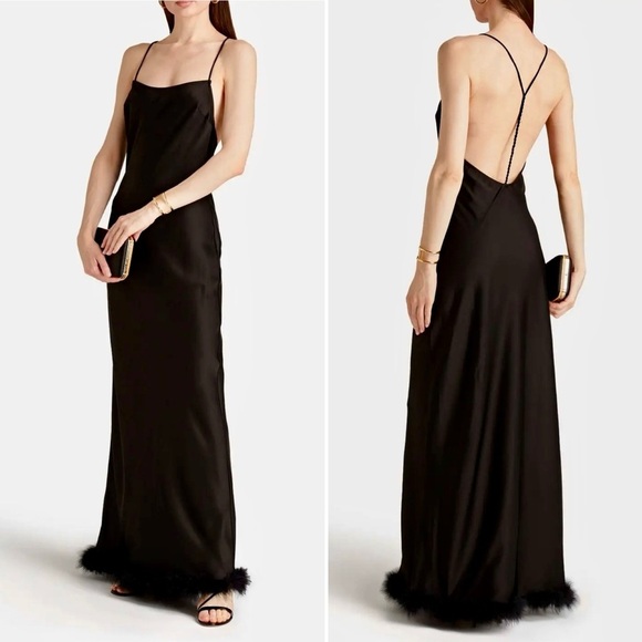 Simon Miller Kizo Black Feather Trim Open Back Maxi Slip Dress Gown Large - Picture 2 of 13